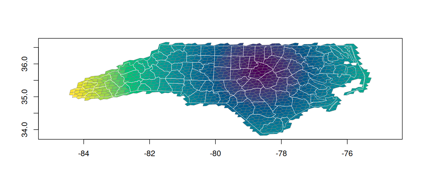North Carolina's counties filled with A5 cells at resolution 9, coloured from dark near Wake County to yellow at the far west of the state.